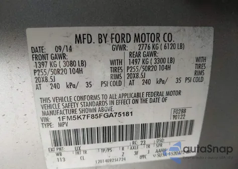 2015 Ford Explorer Limited z USA, uszkodzony, nr VIN 1FM5K7F85FGA75181